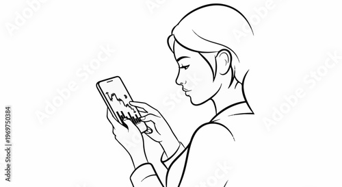 Stylized sketch of person intently looking at stock market data on phone