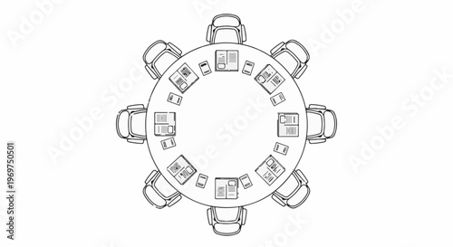Top-down view of a circular conference table with chairs and documents