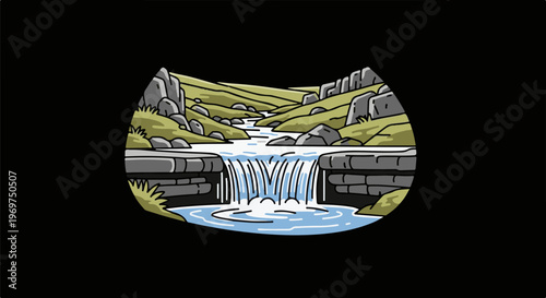 Stylized illustration of a rocky stream with a small waterfall