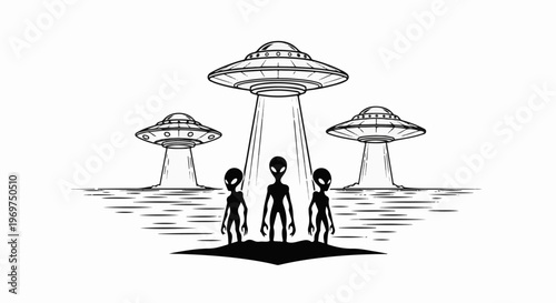 Three aliens stand on dark ground under three hovering UFOs beaming down