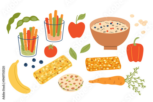 Healthy eating and nutrition. Snacks and organic food. Cartoon illustration with fruits, vegetables, granola bars, smoothie bowl, soybeans.  Vegan meal icons. Vector on isolated background 