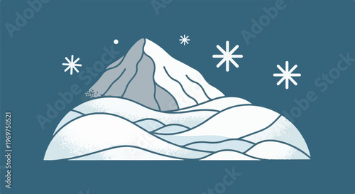 Stylized snow-covered mountain with falling snowflakes and rolling hills