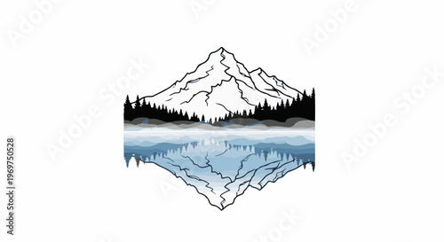 Stylized snowy mountain peak reflected in a calm lake with forest