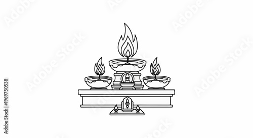Traditional oil lamps with flames on a layered stand