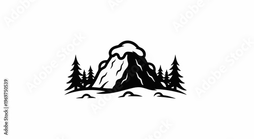 Stylized snowy mountain peak with pine trees and rolling ground