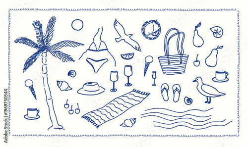 Summer vacation beach. Line art vector illustration imitation freehand. Sketch with tropical travel elements, palm tree, bikini, sea. Minimalist beach aesthetic icons set isolated on white background