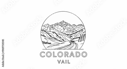 Stylized sketch of mountain ski slopes in a circular frame with text below