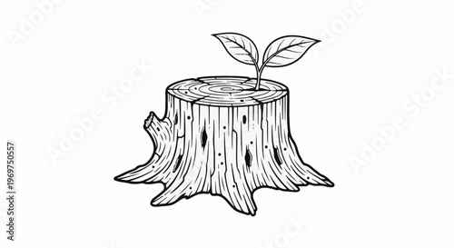 Tree stump with new green sprout emerging from the top