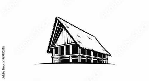 Traditional stilted house with thatched roof, isolated on white