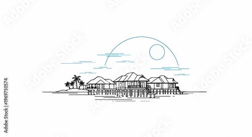 Tropical island bungalows on stilts with palm trees and a stylized sun