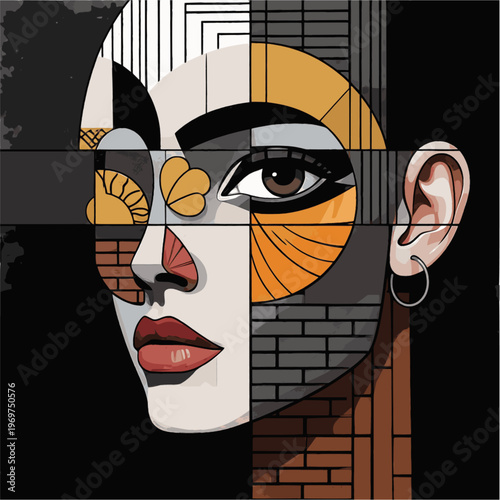 abstract geometric female portrait vector cubist face grid composition taupe mocha beige orange accent black background wall art