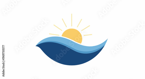 Stylized sun over blue waves in minimalist logo design