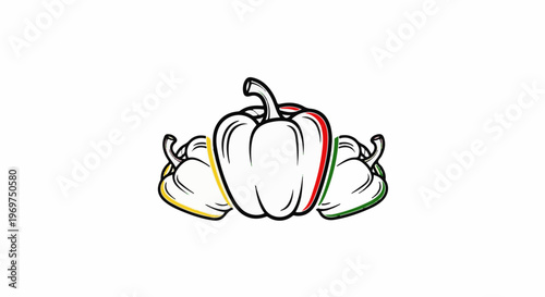 Trio of bell peppers with colorful outlines on a white background