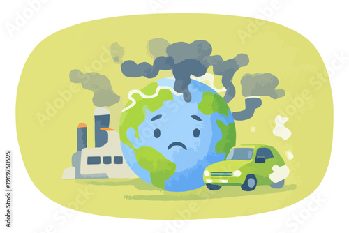 Illustration of a sad planet with factory smoke and car emissions representing pollution, environmental damage, and global warming crisis.