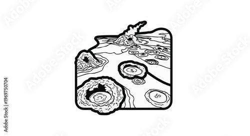 Stylized illustration of a volcanic landscape with multiple craters and lava flows