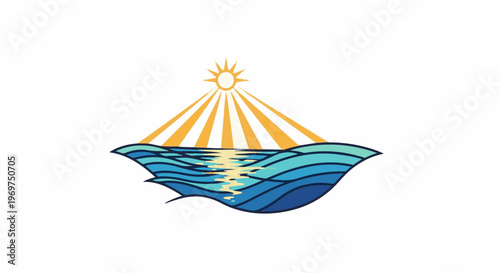 Stylized sun rays shine down on blue ocean waves, reflecting golden light