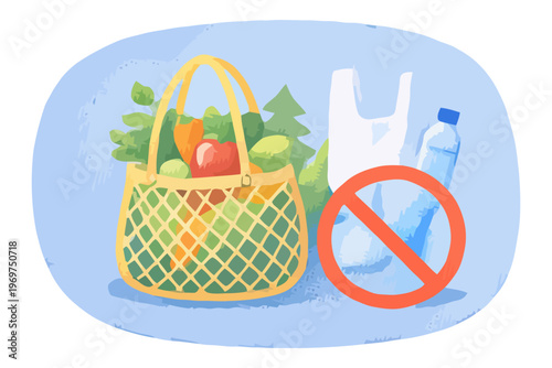 Illustration of reusable grocery bag with food and crossed plastic items promoting zero waste lifestyle and reduction of plastic pollution.
