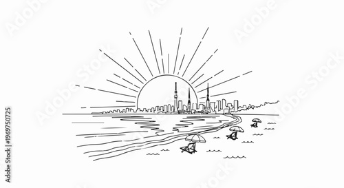 Stylized sun rising over a city skyline seen from a beach