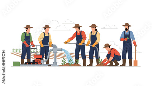 Agricultural team in action: A group of dedicated farmers work together in a field, utilizing water pump. Planting, watering, and tending to crops.