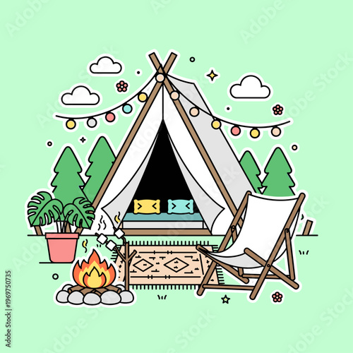 Flat Vector Glamping Luxury Tent Scene