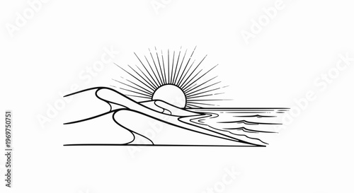 Stylized sun rising over sand dunes meeting ocean waves