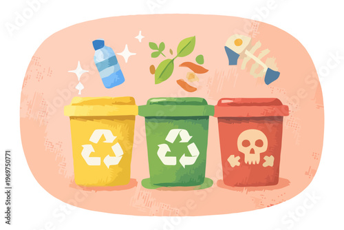 Illustration of colored recycling bins separating plastic, organic, and hazardous waste promoting proper disposal and environmental protection.