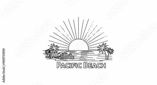 Stylized sunburst over a calm ocean with palm trees and a pier