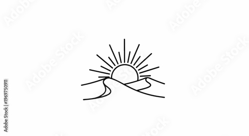 Stylized sun setting over rolling sand dunes with radiating lines