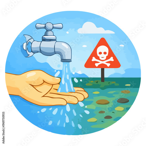 Illustration of running tap water with toxic warning sign highlighting water pollution, contamination, and environmental health risk issues.