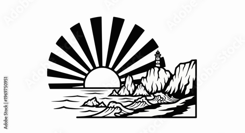 Stylized sunburst over rocky coast with lighthouse and waves