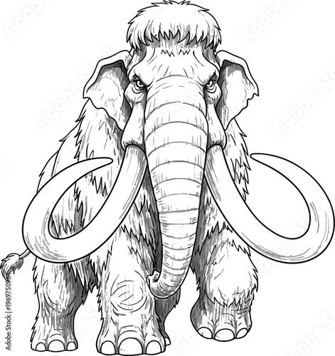 Woolly Mammoth, Ice Age Animal, Prehistoric Creature, Vector Illustration, Black and White