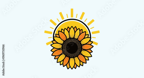 Stylized sunflower with radiant sun rays behind it on a pale blue background