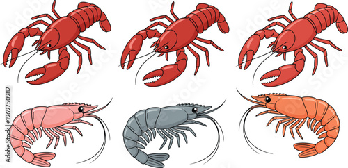 Seafood collection set featuring realistic red lobsters and colorful shrimps in pink grey and orange isolated on white background vector illustration