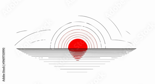 Stylized sunrise over calm, linear water surface