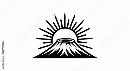 Stylized sunburst over a conical volcano's peak with crater