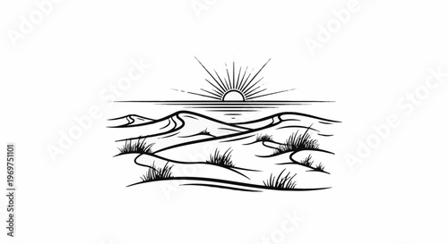 Stylized sunrise over rolling sand dunes with sparse grass