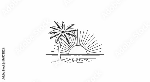 Stylized sunset behind a palm tree and ocean waves