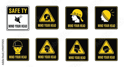 Safety warning signs Mind your head wear protective headgear