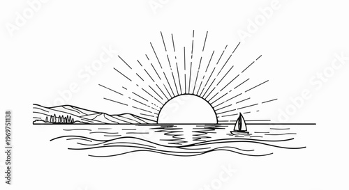Stylized sunrise over water with distant hills and a lone sailboat