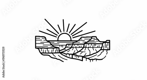 Stylized sunset over a layered canyon landscape, black line art
