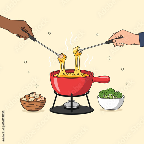 Flat Vector Illustration of a Social Cheese Fondue Dinner