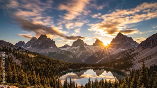 Majestic mountain range at sunset with vibrant colorful sky reflecting in a calm alpine lake surrounded by evergreen forest