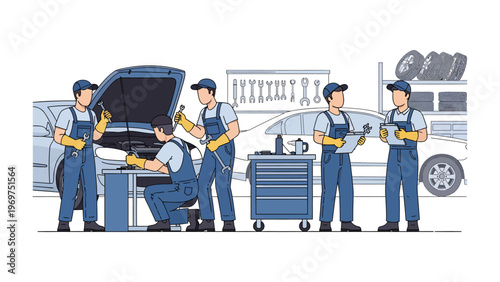 Auto Mechanics at Work: A team of skilled mechanics working diligently in a well-equipped workshop, diagnosing and repairing a vehicle with precision.