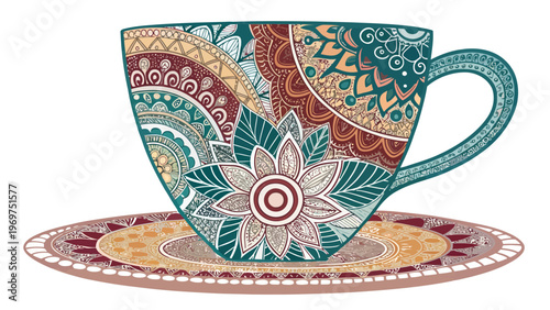 A colorful vector illustration of a teacup and saucer with intricate designs