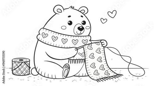 A cute bear knitting a heart-patterned scarf in a minimalist line art style