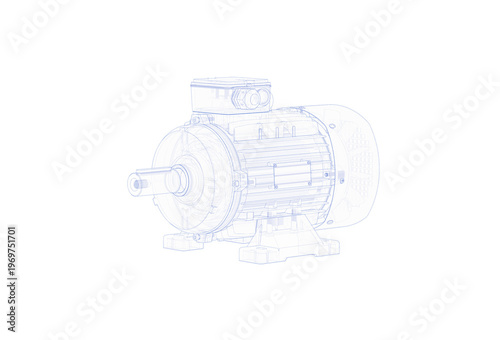 Wireframe technical illustration of an asynchronous electric motor showing rotor, stator and housing details, industrial engineering design.