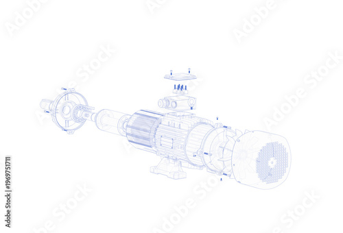 Tableau sur toile Explode view with wireframe technical illustration of an asynchronous electric motor showing rotor, stator and housing details, industrial engineering design
