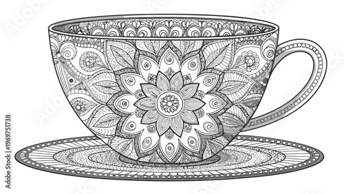 A delicate line art illustration of a teacup and saucer with intricate floral patterns