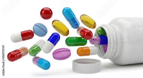Colorful 3D Medical Pills and Capsules Floating from Open Pharmacy Bottle – Healthcare and Medicine Concept Isolated on White Background