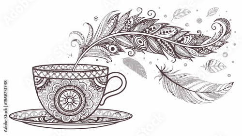 A delicate line art illustration of a teacup with floral patterns and feathers